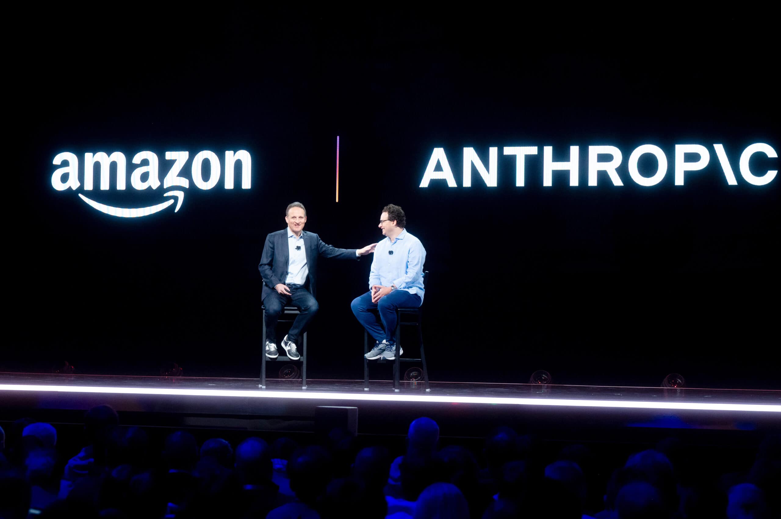 LAS VEGAS, NEVADA - NOVEMBER 28: Amazon Web Services (AWS) CEO Adam Selipsky speaks with Anthropic CEO and co-founder Dario Amodei during AWS re:Invent 2023, a conference hosted by Amazon Web Services, at The Venetian Las Vegas on November 28, 2023 in Las Vegas, Nevada.